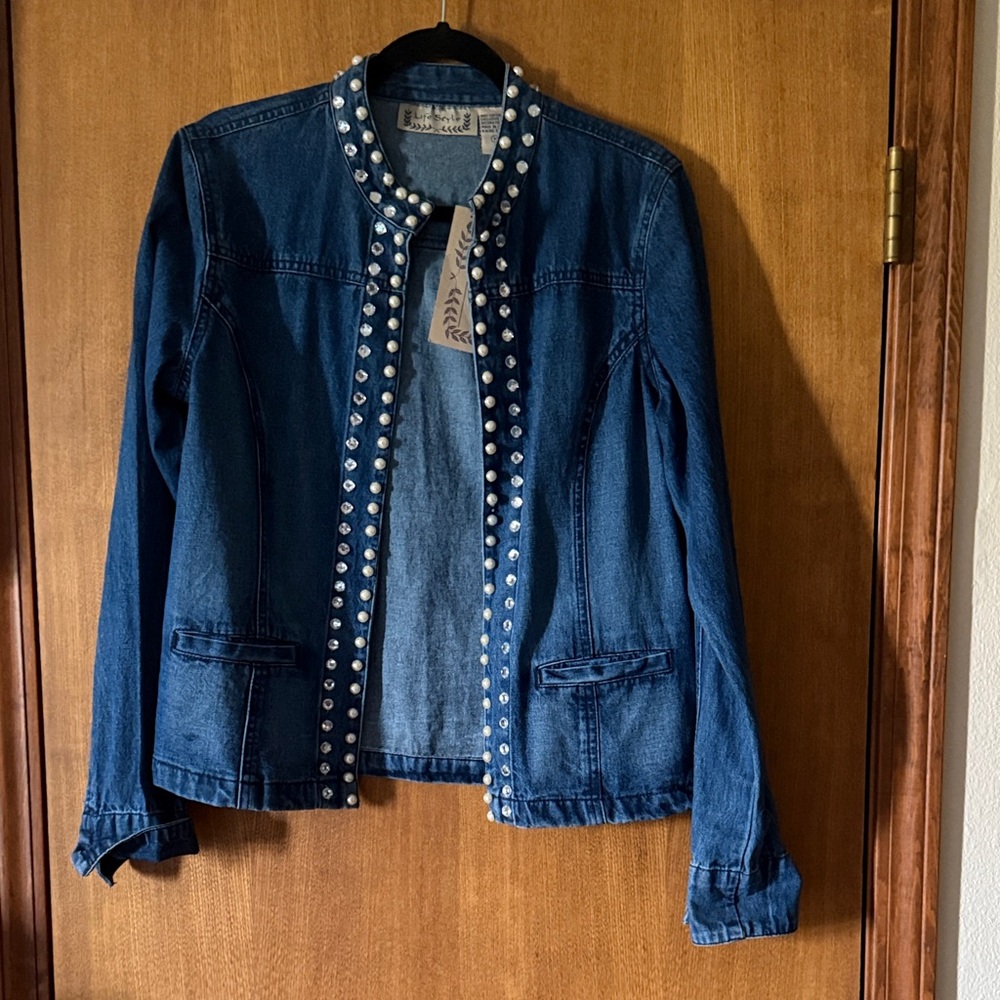 NWT Embellished Pearl and Rhinestone Denim Jacket